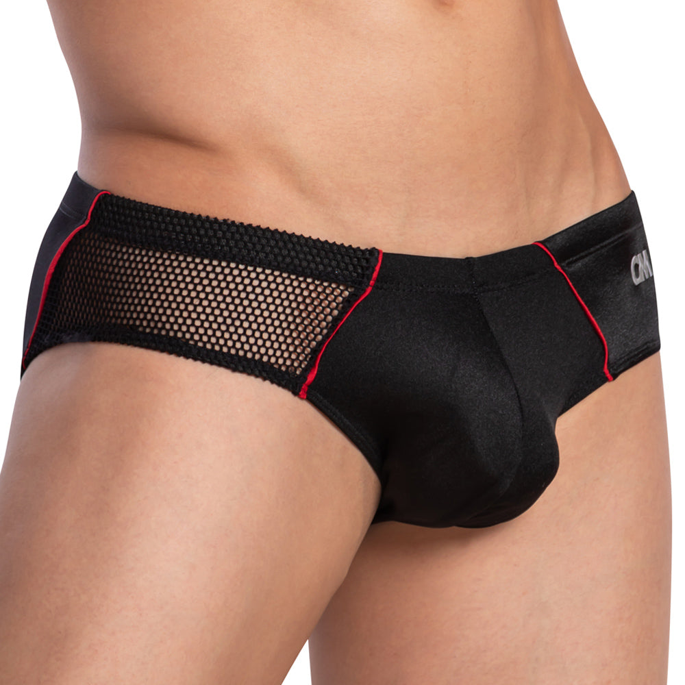 Cover Male CMI048 Side Sheer Bikini Brief showcasing sheer side panels and comfortable fit, made from polyamide and spandex.